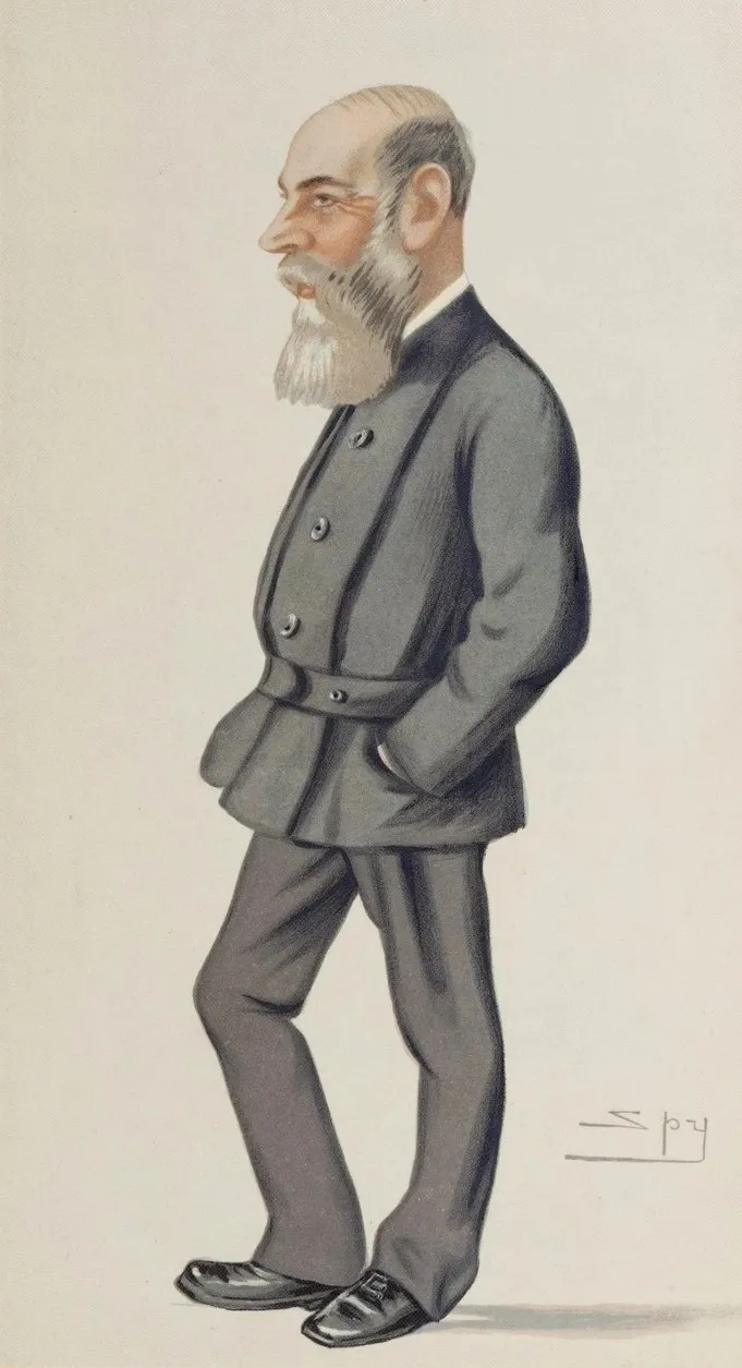 A full-length caricature of a stout man with a moustache, in a tweed suit and cap, hands in pockets.