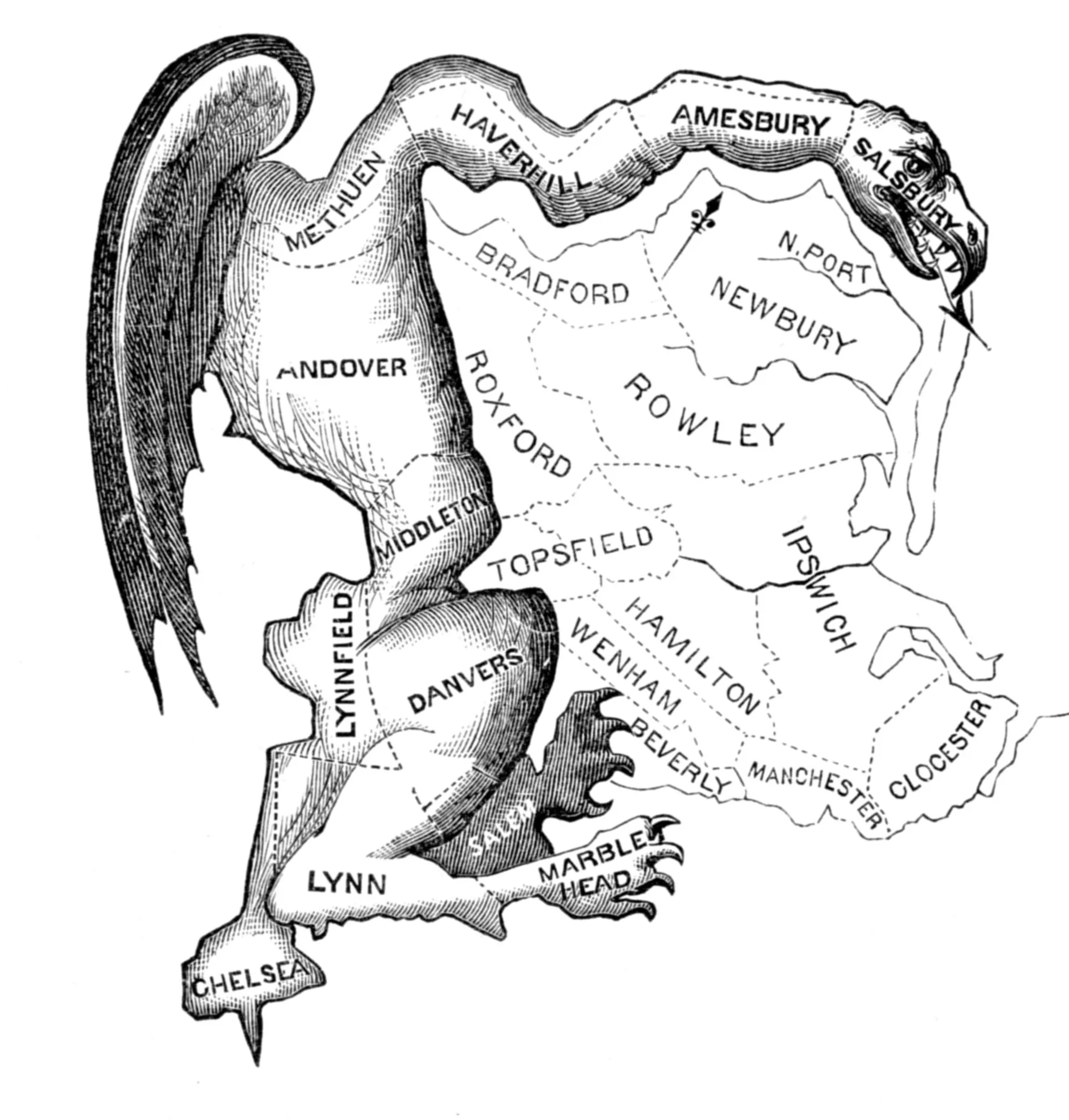 A printed map of a long, curling electoral district drawn with a monster's head, wings and claws, under the title The Gerry-mander.