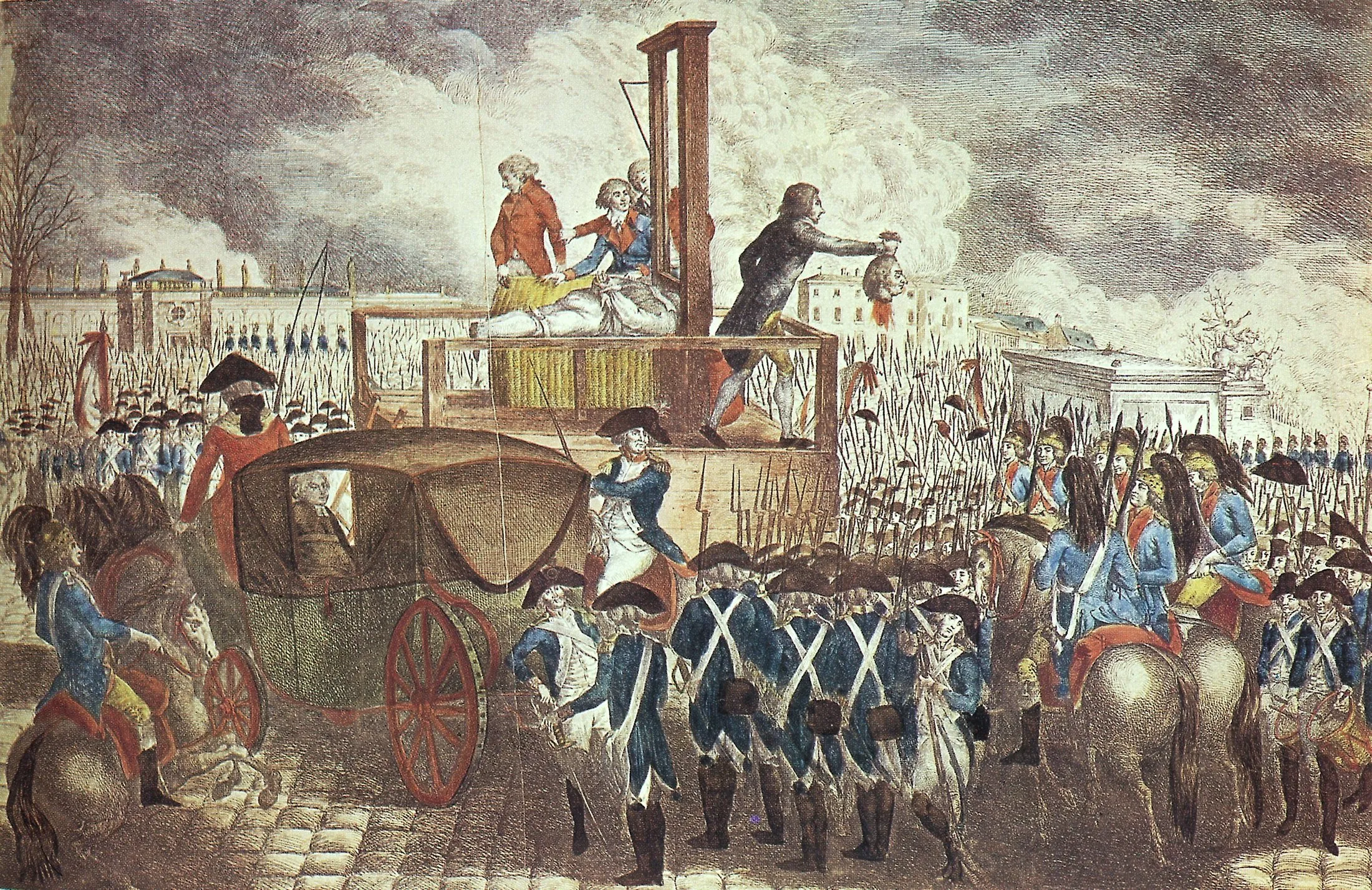 An engraving of a crowded square with a scaffold in the middle, soldiers in ranks around it, and a tall wooden frame with a blade on the platform.
