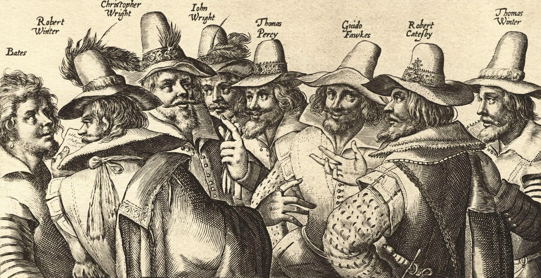 An engraving of eight bearded men in hats, in a row, conferring, their names in Latin above them.